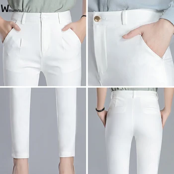 Básica Branca Slim Cintura Alta Terno Escritório Calças para Mulheres Estilo coreano Tamanho Grande do Lápis de Calças Elegantes Trabalho de Alta Qualidade OL Calças