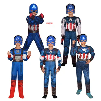 Capitão América Traje Crianças super-Herói Bodysuit Capitão América Escudo Máscara de Halloween Traje Cosplay para Crianças Macacão Conjunto