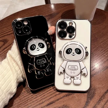 Cartoon 3D Panda Galvanizados de Dobramento Stand Telefone de Caso para o IPhone 13 12 11 Pro Max XS X XR 7 8 Plus SE 20 Silicone Macio Casos