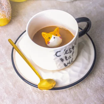 Cartoon alívio da taça de cerâmica de pequenos animais Caneca de gato xícara de café com copa do prato doméstico de leite de copo caneca de café caneca, canecas copos de café
