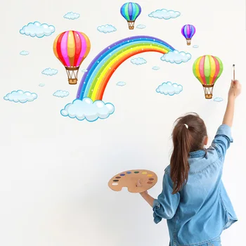 Cartoon arco-íris na Nuvem de Balão de Ar Quente Adesivo de Parede para crianças, decoração de quartos de bebê Arte Mural Adesivos de decoração adesivos de parede