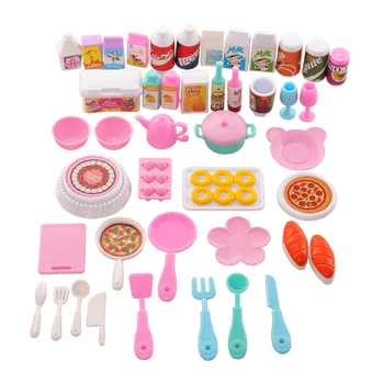 Casa de bonecas Mini-Cozinha de Alimentos para a Barbie 43 pcs Conjunto de Jantar Garfo Knif Placa de Pizza Sopa de Louça Bonito Brinquedos Boneca Acessórios