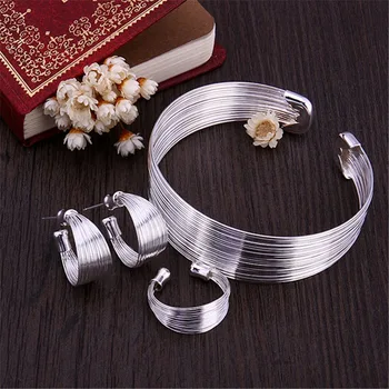Charme de Prata 925 Vintage Multi-linha brinco, anel, Bracelete pulseira para mulheres conjunto de Jóias finas Festa de Moda presentes de natal