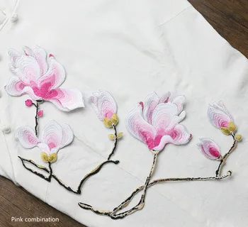 Chinês Magnolia Flores Quente Adesivos em Grandes Roupas Adesivo Bordado DIY Étnica Vento Roupas de Saco de Pano Decorativo Stickers