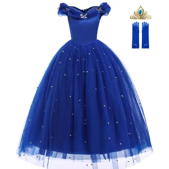 Cinderela, Princesa Traje para o Concurso Menina de Vestido de baile Infantil Azul Fora de Ombro Esferas de Tule Vestido de Princesa Vestido de Festa de Halloween