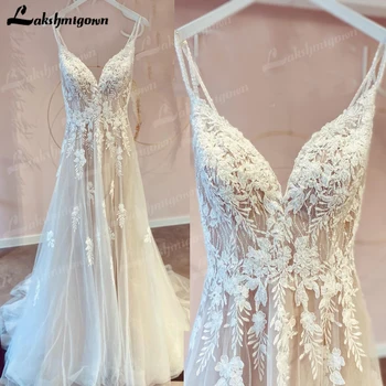 Cintas de espaguete de Uma Linha de Vestido de Noiva Apliques de Renda Beading Tule Decote em V sem Mangas Vestido de Noiva de robe de mariée bohème 2022