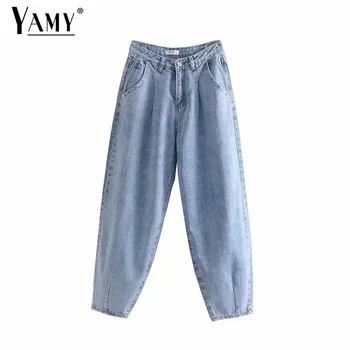 Cintura alta jeans solta mulheres plissado bolso de calças soltas mãe jeans mãe jeans feminina vintage namorado jeans para mulheres