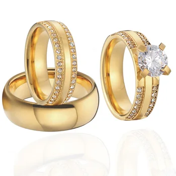 Clássico 3pcs Conjunto de Anéis de Casamento para Casais homens e mulheres Amantes da Aliança Grande cz Pedra do Anel de Noivado Casamento