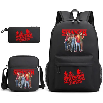 Coisas estranhas três peças de saco de escola casual lona mochila alunos mochila de impressão de grande capacidade de saco exterior