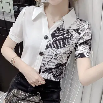 Colcha de retalhos Contraste Vire para baixo de Gola Camisa de Chiffon Mulheres de Verão de Novo Manga Curta Assimétrica Slim Botão Superior Blusas