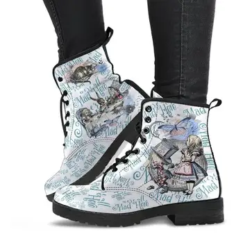 Combat Boots - Alice no país das Maravilhas, Dons #104 Série Azul | Aniversário de Presentes, Ideia de Presente, Botas femininas, feitas à mão Lace Up Boots