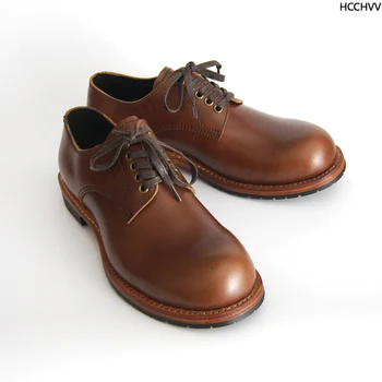 Couro de corte baixo casual sapatos para homem Goodyear-Welted Vintage Derby sapatos de artesanato de couro de entressola de cabeça redonda de ferramentas sapatos vermelhos jeans