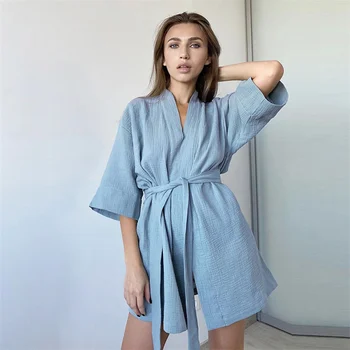 Crape Algodão Veste Quimono Yukata Mulheres de Pijamas, Roupões de banho, Mini Laço Pijamas de Musselina Ladies' Home Roupas de Cor Sólida Vestes