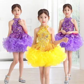 Crianças de dança latina de desempenho do vestuário de meninas brilhante diamante crianças latino-roupa de competição de roupas de dança do vestido