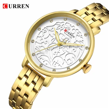 CURREN Novo Ouro Mulheres Negócio de relógios de Quartzo Relógio de Senhoras Marca de Topo do Luxo Feminino Relógio de Pulso da Menina Relógio Relógio Feminino