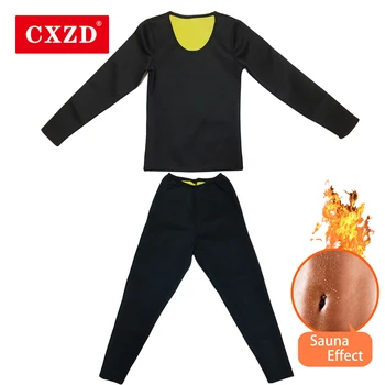 CXZD Neoprene Suor Sauna Camisa Shapers do Corpo Camisa de Manga Longa + Calça de Cintura Treinador Sauna Terno Shapewear Perda de Peso Espartilho