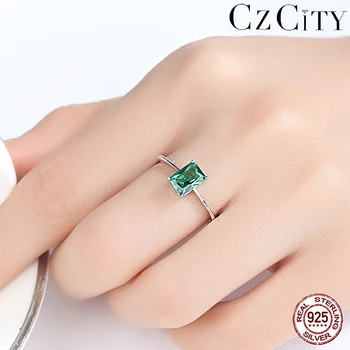 CZCITY de Moda de Luxo Grande Esmeralda Anéis de Casamento para Mulheres 100% 925 Prata Esterlina Anéis Femininos da Marca de Jóias Acessórios Presentes