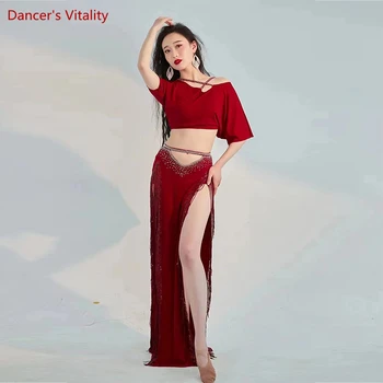Dança do ventre Traje Definido para as Mulheres dança do ventre de Cristal Algodão Top+Saia longa 2pcs Fêmea Oriental Prática de Dança de Roupas
