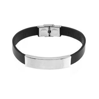 de impressão personalizadas em branco curvada do tubo de 10mm de largura, bracelete de homens de Couro Genuíno cor preta braceletes de aço Inoxidável do bracelete