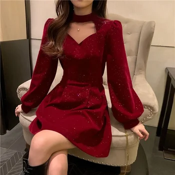 De Veludo vermelho Elegante da Festa Mini Vestido das Mulheres Lantejoulas Manga Longa Wram Vintage Vestido das Senhoras Casual coreano de Uma linha de Vestido de 2022 Ano Novo