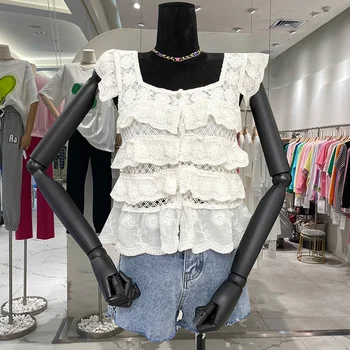 Design De Moda Rendas Mulheres Tanques Tops De Verão Novo 2022 Babados Curto Empired Slim Oco Mulheres Outwear Tops