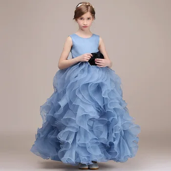 Dideyttawl De Luxo Formal, Aniversário De Vestido De Festa Para Crianças Azul Babados De Organza Vestidos De Princesa Vestidos Da Menina De Flor Para A Noiva