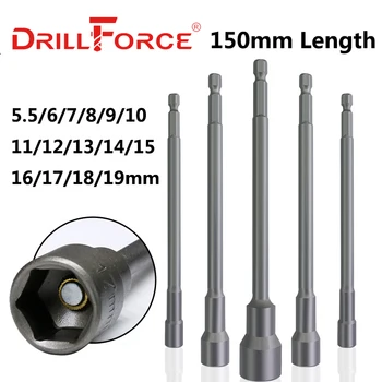 Drillforce 5.5-19x150mm Porca Magnéticos Driver de Soquete de Impacto da Luva Adaptador de Fenda Broca de 1/4