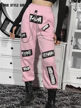 Egirl Y2k Faixa cor-de-Rosa Calças para as Mulheres Goth Impressão de Jogging Slim Fit Sports Calças Femininas Jogger Cadeia Techwear Harajuku Sexy Calça