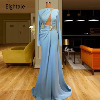 Eightale Árabe Vestidos De Noite O-Pescoço Corte Longo Sereia Prom Vestido Chiffon Mangas Compridas Dubai Vestido De Festa