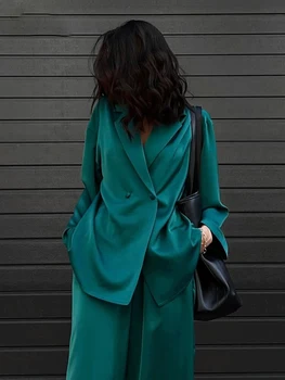 Elegante Cetim Verde Calças de 2 Conjuntos de peças Slweepwear para Mulheres Casuais Solta Conjunto de Pijama de Manga Longa Ampla Perna da Calça do Terno Outifits