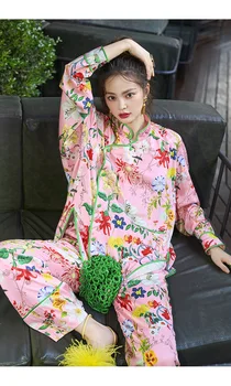 Estampa Floral rosa de Cetim Mulheres Conjunto de Pijama de Manga comprida Perna Larga Tousers Pijamas de Seda para o sexo Feminino 2 Peças de Pijama Loungewear Casa