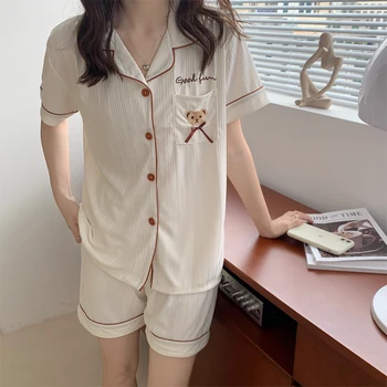 Estilo coreano de desenhos animados de Impressão Pijamas Mulheres Conjuntos de Vestuário de Verão Fina Curto Calças de Pijama para Meninas Adolescentes Kawaii Pijamas Sleepwear