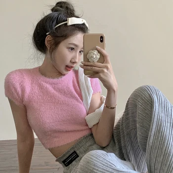 Estilo coreano T-shirt Feminina de Vison Curto de Manga Curta Slim Tops Com Fundo Casaco de 2022 Primavera Nova Camisola Branca Tops