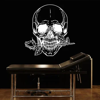 Estúdio de tatuagem Adesivos de Parede Ossos do Crânio com Flor Rosa Morte Esqueleto Decalques Criativo Padrão de Design de Loja de Tatuagem Mural 4868