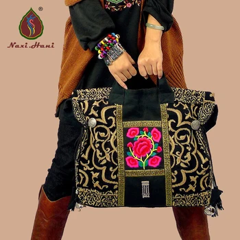 Exótico clássico blcak tela de bordado mulheres Bolsas Naxi.Hani marca de moda Vintage Étnica sacos de Ombro