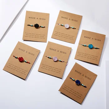 Faça Um Desejo Cartão de Resina de Druzy Drusy Pulseira Colorida Corda de Tecido de Contas Encantos Pulseiras da Marca de Jóias para as Mulheres