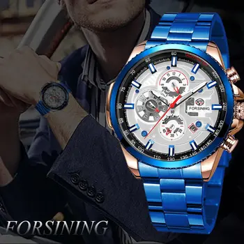 Forsining Homens Relógios Impermeável Multifuncional Relógio Mecânico Automático de Moda Azul Vestido de Negócio relógio de Pulso Relógio Homem