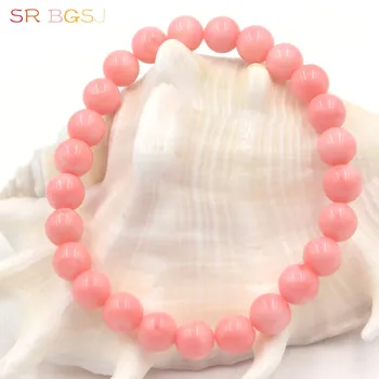 Frete grátis 6 8 10 milímetros de Presente do Dia da Mãe Natural, cor de Rosa Coral Gemas Pedra Alongada e Elegante Rodada Perla o Bracelete de 7