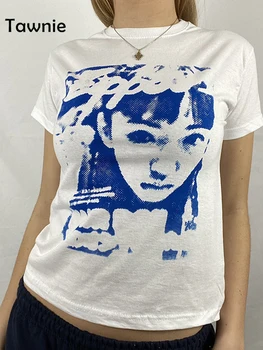 Gitana 2022 Vintage Impressão de Manga Curta T-shirt das Mulheres Harajuku Crop Top do Verão Slim Oversized T-Shirt de Streetwear 