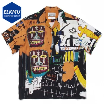 Graffiti Impresso De Moda De Camisas Para Homens De Verão De Grandes Dimensões Hip Hop Botão De Camisa De Streetwear Harajuku Havaí Camisas De Manga Curta Blusa