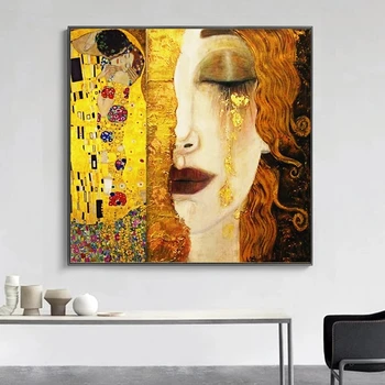 Gustav Klimt Tela de Pintura Dourada Lágrimas e Beijo e Impressão de Cartaz Famoso Clássica, Arte de Parede de Imagem para a Sala de Decoração de Casa