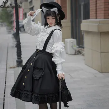 Gótico de Uma linha Lolita Saia Plus Size Suspender Botão Saia da Frente com Bolsos ~ Personalizadas