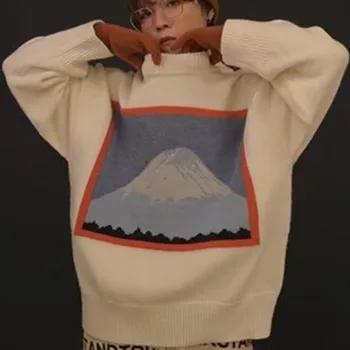 Harajuku Japonês, o Monte Fuji Gráfico Camisola Homens Mulheres Streetwear 2022 Outono Oversize Pulôver de malha para os Homens a Moda de Blusas de