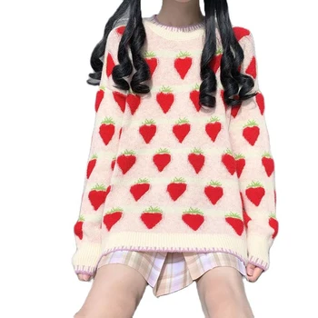Harajuku Kawaii Morango Suéter De Malha Bonito Pulôver De Outono Inverno Mulher Blusas Jumper Mulheres Y2k De Moda De Roupas Cor-De-Rosa