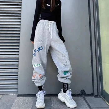 Harajuku Mulheres Calças Engraçado Letra Imprimir Calças Femininas Cintura Alta Solta Streetwear Homem Casual Jogger Hip Hop Wide Leg Pants