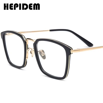 HEPIDEM Acetato de Óculos com Armação de Homens Praça Prescrição de Óculos Nerd de Óculos de Miopia de Aço Inoxidável Óculos 70042