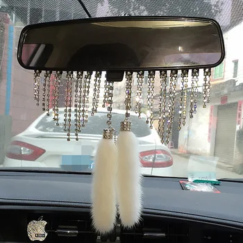 High-end de Carro de Cristal de Diamante Pingente em Vison com estampa de Pele de Espelho Retrovisor Pendurar Enfeites de Charme Decoração Interior do Carro Acessórios