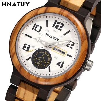 HNATUY de Madeira do Relógio Homens Relógios de Banda Simples, Elegante Relógio Digital Relógios Data de Exibição Quartzo relógio de Pulso Presente de Aniversário de Caixa