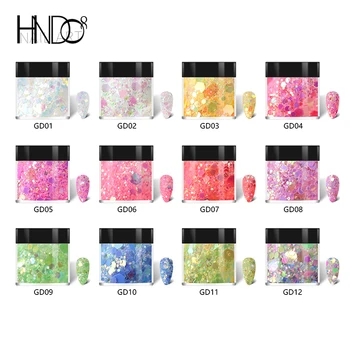 HNDO 12 Cores Misturadas Lantejoulas Coloridas Unhas de Glitter em Pó Hexágono Flocos Brilhantes de Pigmento, Pó para Profissionais de Nail Art Manicure