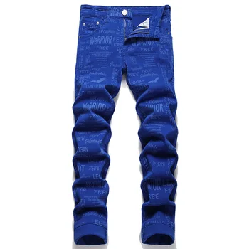 Homens Azul Royal Digital Impressa Jeans Letras Slogan Águia Stretch Denim, Calças de Y2K Streetwear Magro Calças Afuniladas